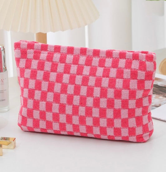 Pink Checkered Cosmetic Pouch