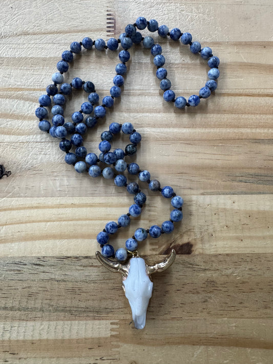 Blue beaded skull necklace